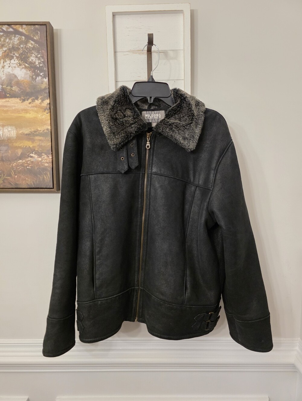 Wilson's Leather Black Aviator Bomber Jacket With Faux Fur Lining XS